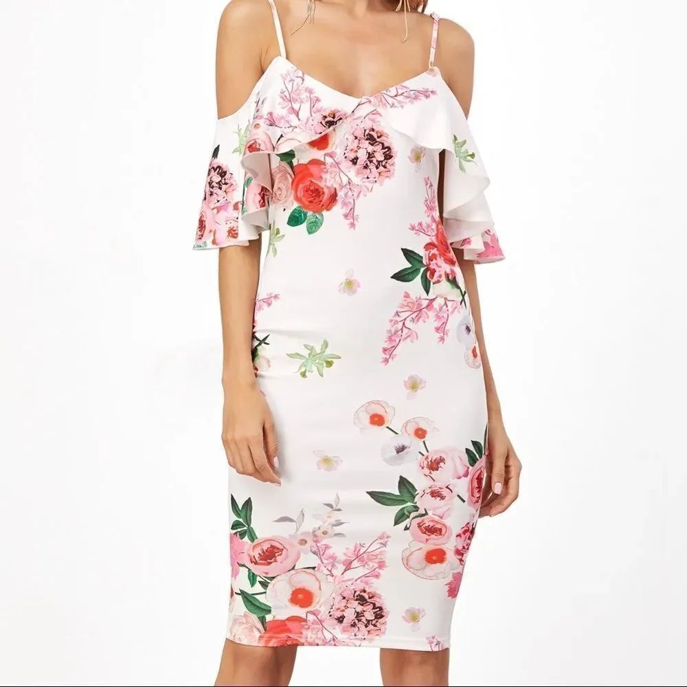 ✨2xHP✨Open Shoulder Rose Print Frill Dress✨ - Picture 3 of 6